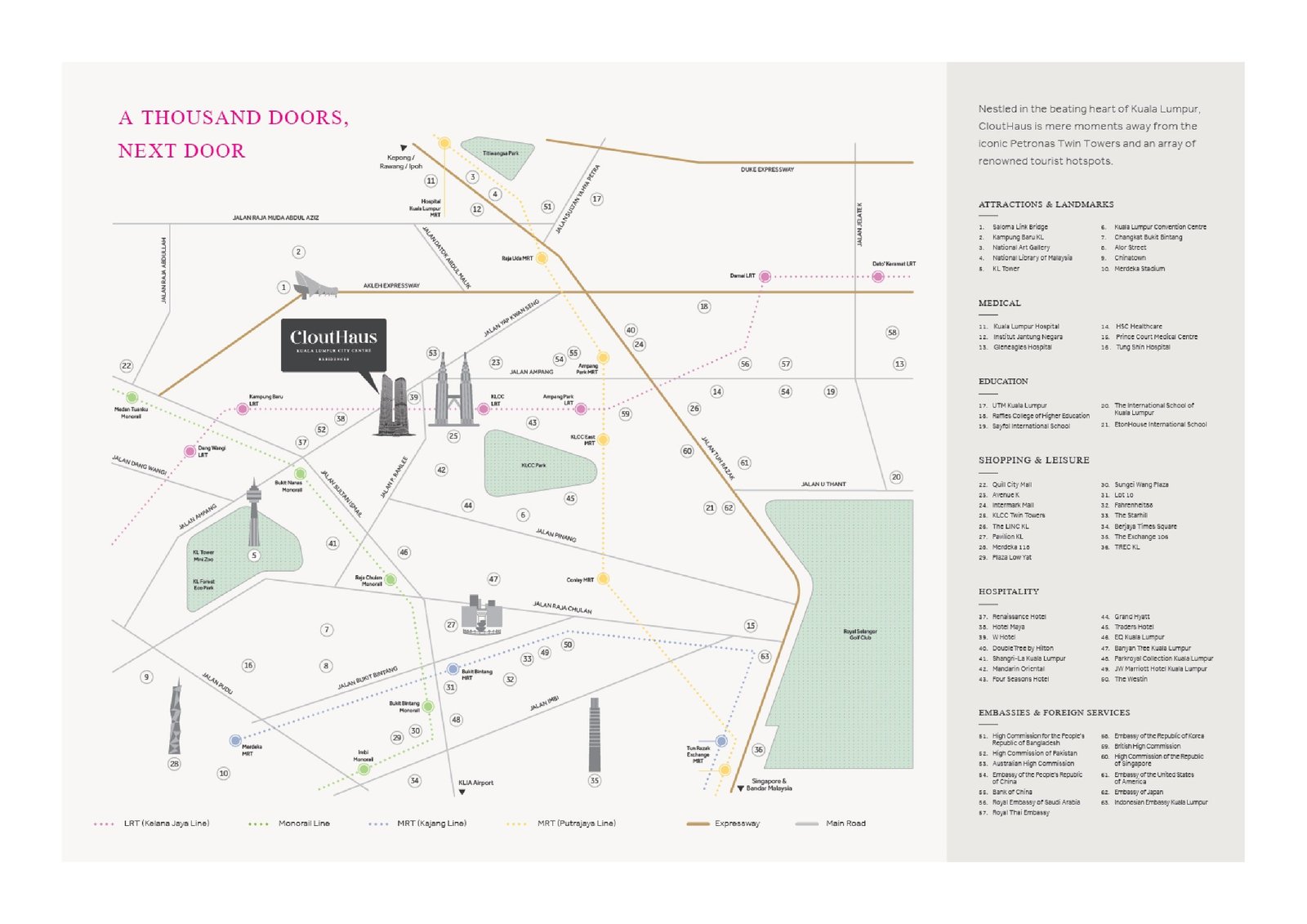 CloutHaus KLCC location map showing surrounding transit, retail, landmarks and embassies