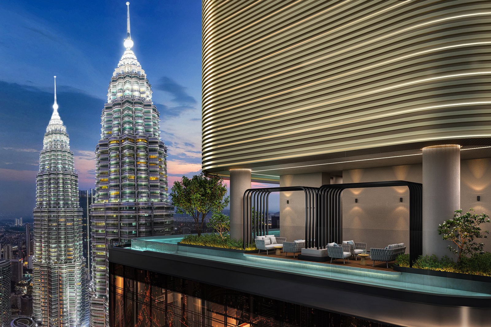 CloutHaus trellis lounge with Petronas Twin Towers view